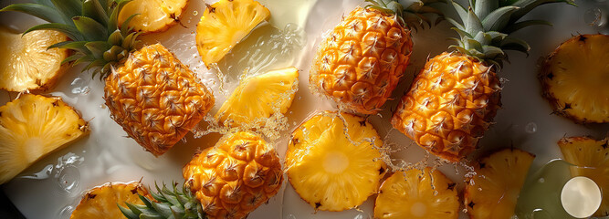 Pineapple slices are falling into a glass of water, creating a splash