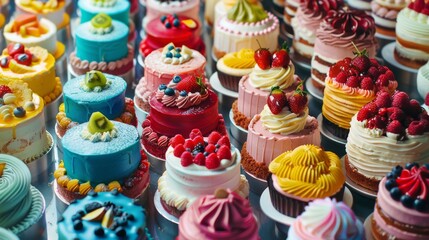 A variety of colorful cupcakes background. An assortment of delicious cupcakes arranged on a platter.