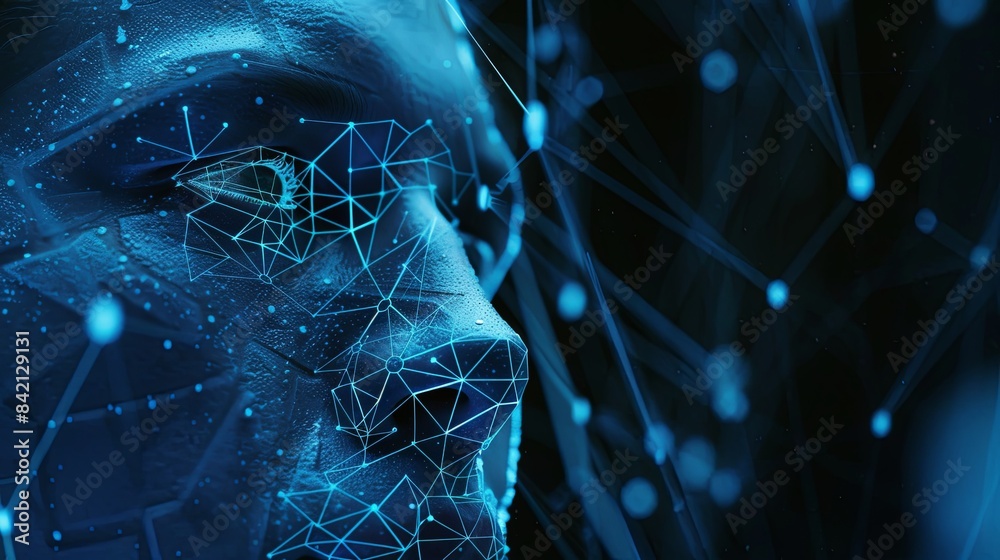 Leinwandbilder A close-up of a digital face, covered in a complex network of lines and nodes, representing the workings of a facial recognition system. Generative AI