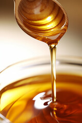Close-up of honey pouring from wooden spoon into glass bowl.