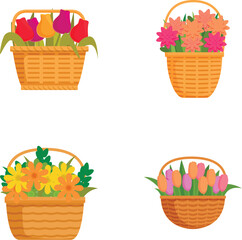 Collection of four bright and cheerful illustrated flower baskets, perfect for spring and gardening themes