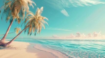 Obraz premium A serene beach scene represents an ideal summer vacation spot, with beautiful palm trees and a turquoise ocean under a clear, blue sky