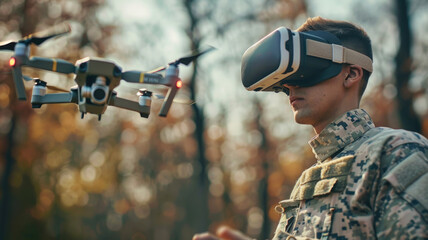 Soldier uses modern drone for surveillance, man wearing cyber VR glasses during war or training. Theme of army, military intelligence, warfare,