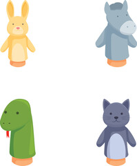Collection of four adorable finger puppets in the shape of cartoon animals isolated on white