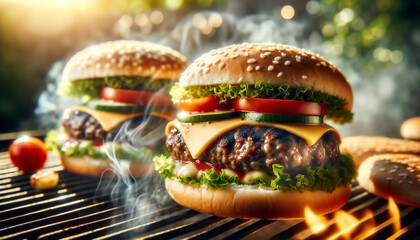 two hamburgers with cheddar cheese on sesame buns is ready. Grilled burgers on grill