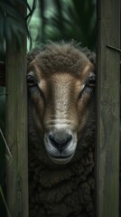 Fototapeta premium Close-up of sheep face peering through wooden fence in lush forest, natural light. Wildlife and nature observation concept