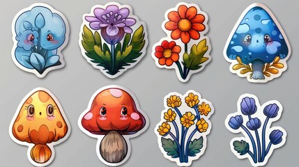 Retro Cartoon Flower Character Sticker Pack: Groovy Funky Comic Daisy Flower with Abstract Cloud Shapes in Trendy Retro Cartoon Style