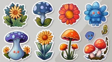 Naklejka premium Retro Cartoon Flower Character Sticker Pack: Groovy Funky Comic Daisy Flower with Abstract Cloud Shapes in Trendy Retro Cartoon Style
