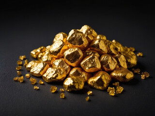 A heap of gold, a pile of raw gold stones. Golden nuggets. Golden stone on a black background. Financial banking business concept. The price of gold is rising, trading.