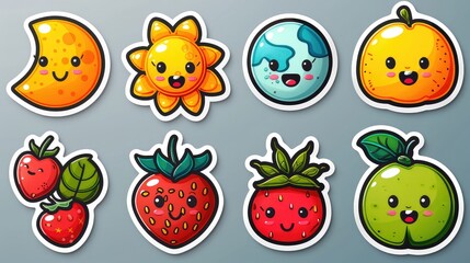 Naklejka premium Vibrant Collection of Retro Fruit Cartoon Stickers - Summer Vector Illustration of Cherry, Strawberry, Banana, and Watermelon