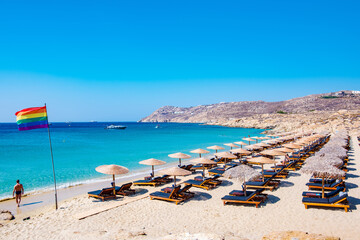 Mykonos, Greece, Elia Beach. Pristine bay with blue sea and crystal water, famous for naturism, LGBT plus friendly, peaceful and quiet.