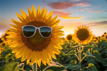 Cool sunflower with sunglasses in the front, field of sunflowers behind Sunrise vibes