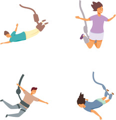 Illustration of four excited individuals in various poses enjoying skydiving, isolated on white