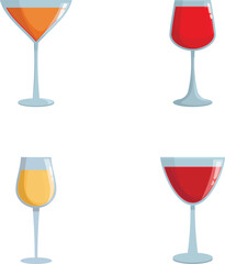 Four vector illustrations of wine glasses with different types of wine, isolated on white background