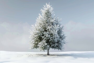 A lone pine tree stands tall, covered in a thick layer of snow, against a backdrop of a clear, winter sky
