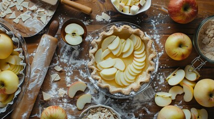 Fototapeta premium A kitchen scene showing the process of making an apple pie. Several apples are peeled and sliced on a cutting board, with a rolling pin, pie crust, and a bowl of mixed apple slices ready to be placed 