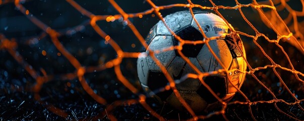 A soccer ball hits the back of the net, surrounded by flying water droplets, capturing the moment of a goal in a dramatic, high-speed action shot