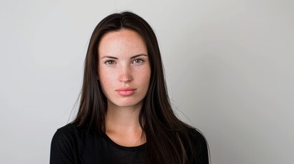 Obraz premium Close-up portrait of a young woman with freckles and blue eyes against a white background. Concept of natural beauty.