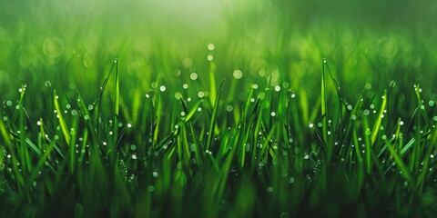 Dew-covered grass blades sparkle under bright morning sunlight with a colorful bokeh effect. Fresh and vibrant nature concept.