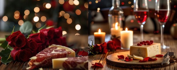 A romantic dinner with a white plate of food and glasses of wine. The table is set with candles and a bouquet of red roses
