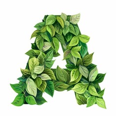 Letter A from branches and green leaves isolated. Easy to remove background.