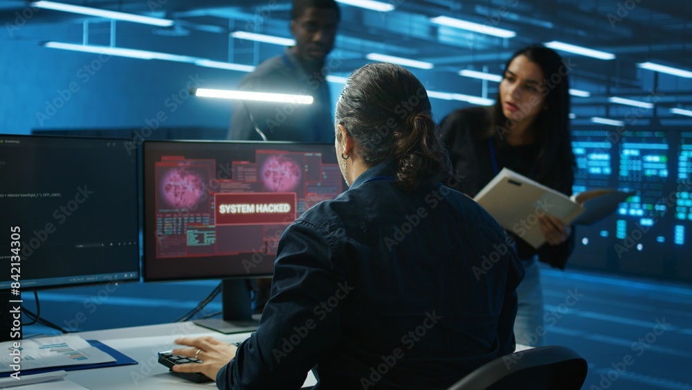 Poster admin in server hub panicked by valuable data threatened by hacking attack on computers. scared cowo