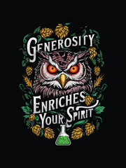 A captivating craft beer logo featuring an owl with glowing eyes surrounded by vivid hops and barley set against a black background