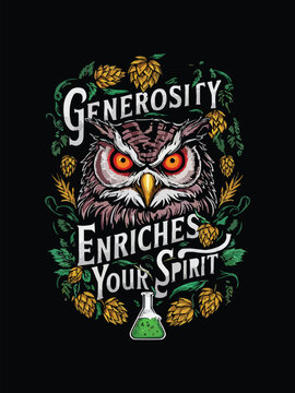 A captivating craft beer logo featuring an owl with glowing eyes surrounded by vivid hops and barley set against a black background