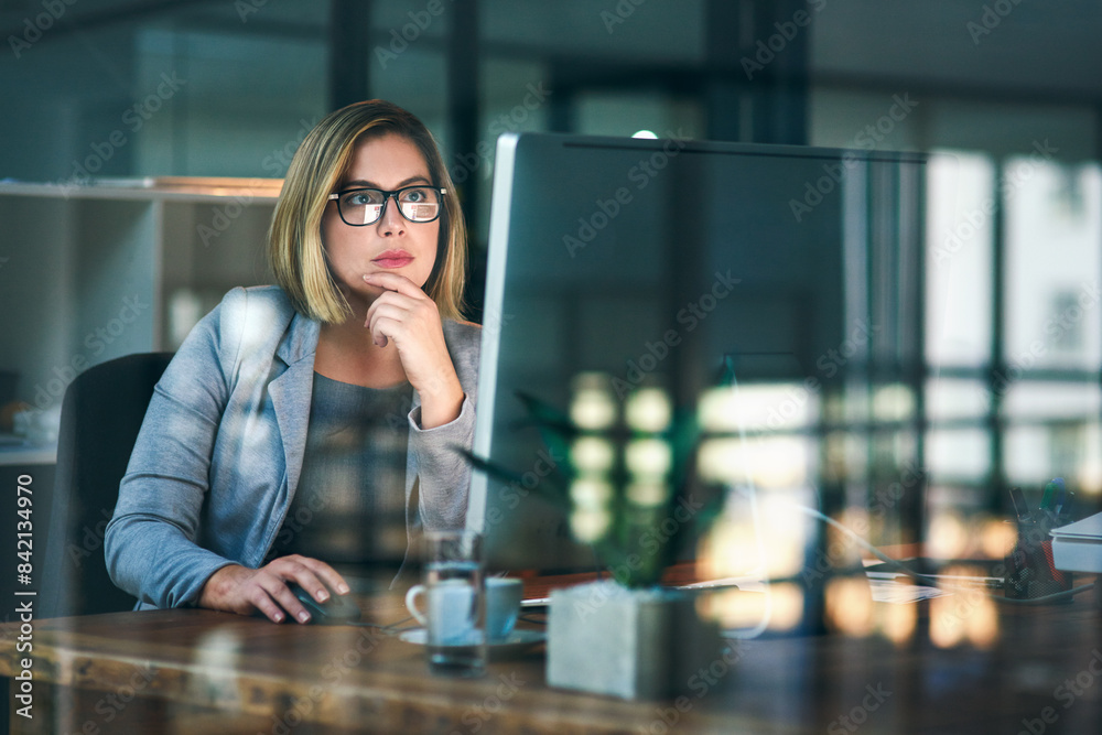 Aufkleber business woman, think and computer at night for reading email, planning and working on project in of