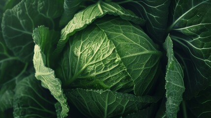 Obraz premium Close-up of green cabbage with dew drops