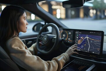 Naklejka premium A woman drives a car, using the navigation system with AI assistance to navigate city streets