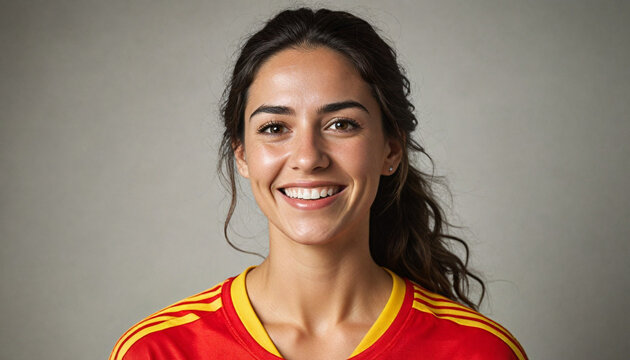 Beautiful smiling Spanish woman wearing a Spain jersey