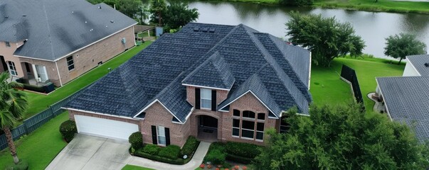 An aerial view of a residential roof with significant damage. Tiles are missing and broken, revealing underlying structures. The roof shows signs of wear and tear, set against a backdrop of lush trees