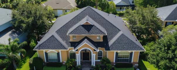 An aerial view of a residential roof with significant damage. Tiles are missing and broken, revealing underlying structures. The roof shows signs of wear and tear, set against a backdrop of lush trees