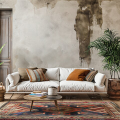 Rustic living room with southwestern decor, blank wall for product presentation