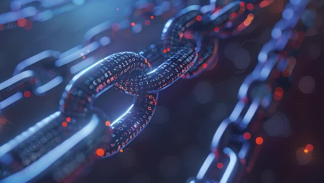 A digital artwork of a blockchain data chain showcasing the underlying technology behind cryptocurrencies and its transparent and traceable nature.