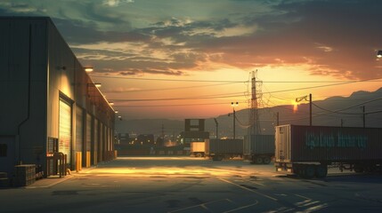 Obraz premium Golden Hour Glow Industrial Loading Docks Basking in the Warmth of Sunset Symbolizing the Close of a Productive Day