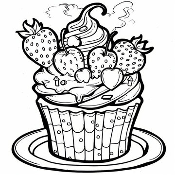 recommend clip art: Black and white line art of a decorative cupcake topped with strawberries, ideal for coloring books and culinary education.