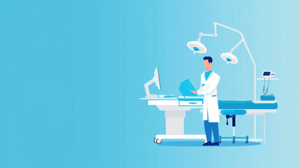 A doctor in a white coat stands in an operating room, examining medical records. The room is equipped with a surgical table and two overhead lights