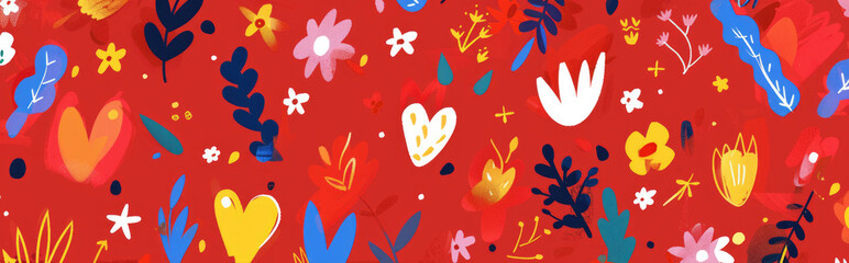 A seamless pattern of colorful flowers, hearts, and leaves on a red background