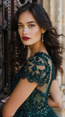 Fototapeta premium A woman is standing in front of a stone wall. She is wearing a beautiful, dark green dress with lace detailing, and has a bright red lipstick