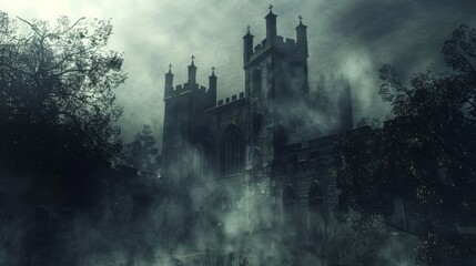 Naklejka premium Mystical Fog Enveloping Haunted Castle Atmospheric Stock Photo of Enchantment and Mystery