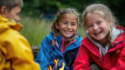 Three children, wearing colorful jackets, smile and laugh while enjoying a day outdoors