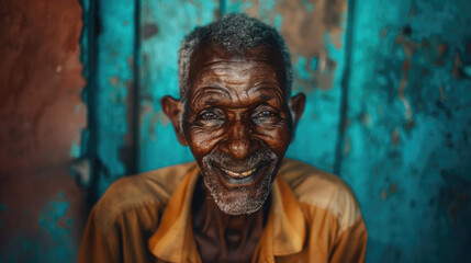 A close-up portrait of an elderly man with a warm smile, standing in front of a weathered blue wall. The man is wearing a light brown shirt and has a kind expression on his face