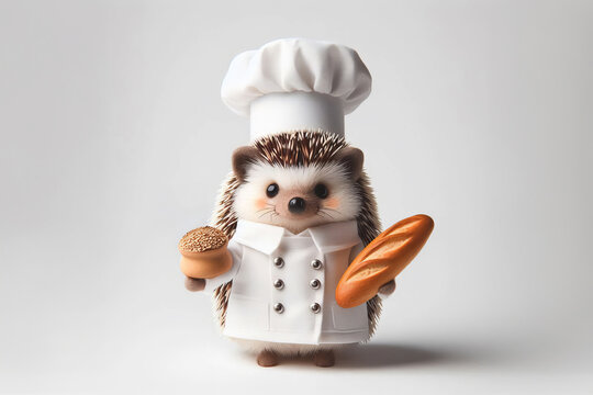 Adorable chef hedgehog with bread , front view