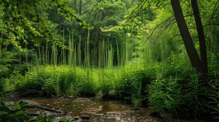 Obraz premium Horsetail growing in the woodland