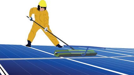 labor working on cleaning solar panel at solar power plant; operation team working on cleaning solar panel for good performance in service routine of operation plan