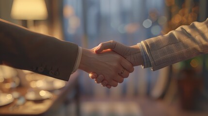 Two business people shaking hands over a table in a restaurant.