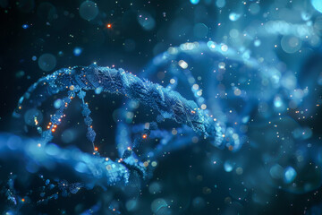 A detailed close-up of a DNA molecule illuminated with blue light, highlighting its intricate structure and genetic significance