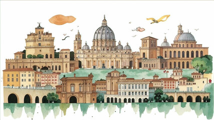 Fototapeta premium watercolor illustration, collage Rome skyline and landmarks, travel agency brochure,